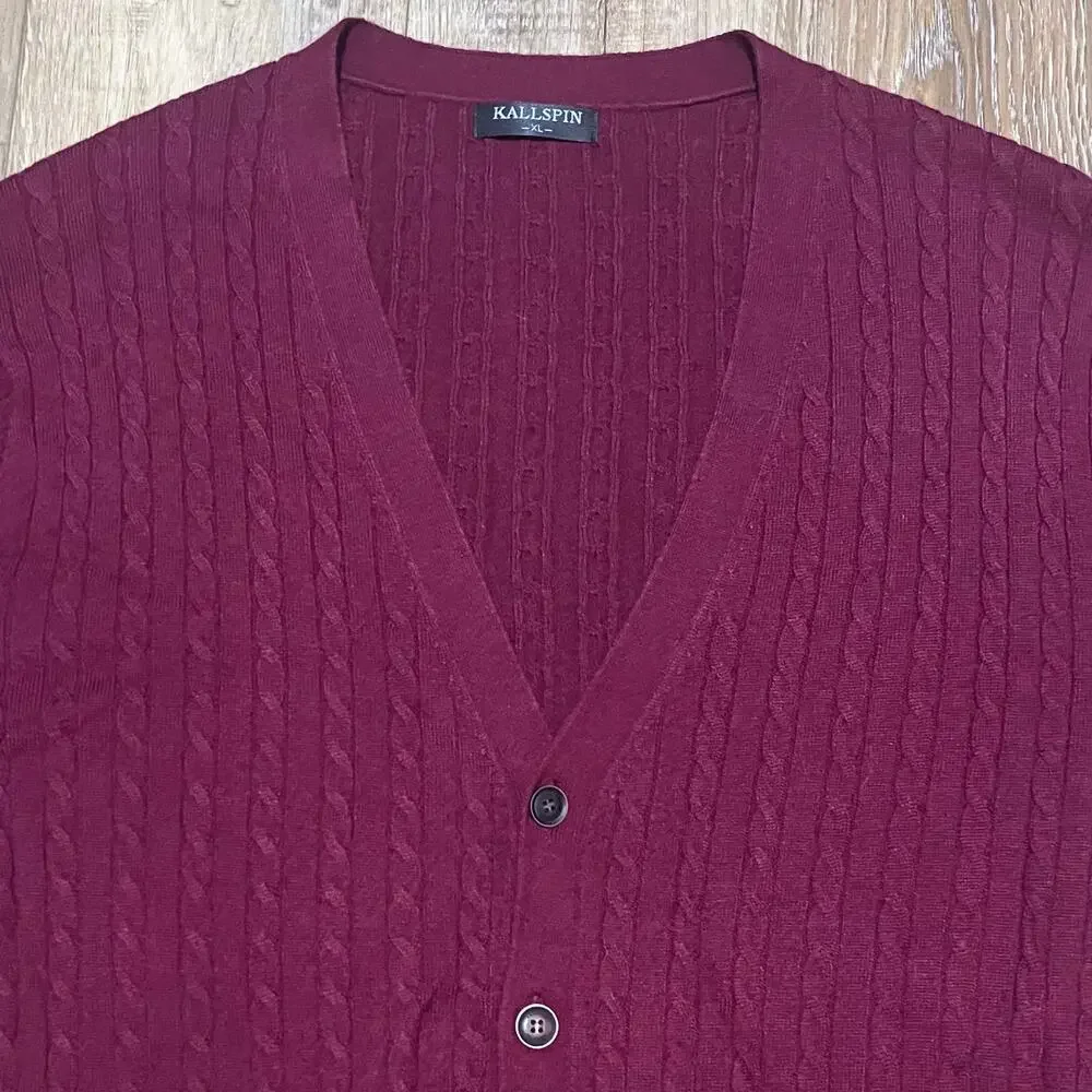 Kallspin Wool Blend Cable Knit Cardigan Sweater XL V-Neck Maroon Grandpa Preppy